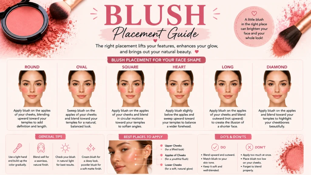 Blush placement guide for different face shapes.
