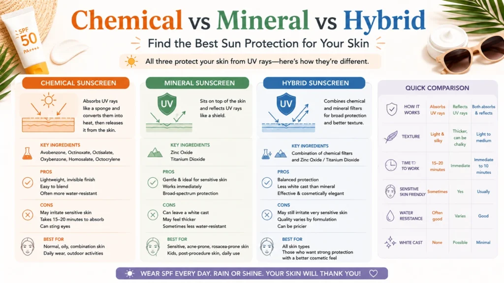 Comparison of chemical, mineral, and hybrid sunscreen types for skin protection.