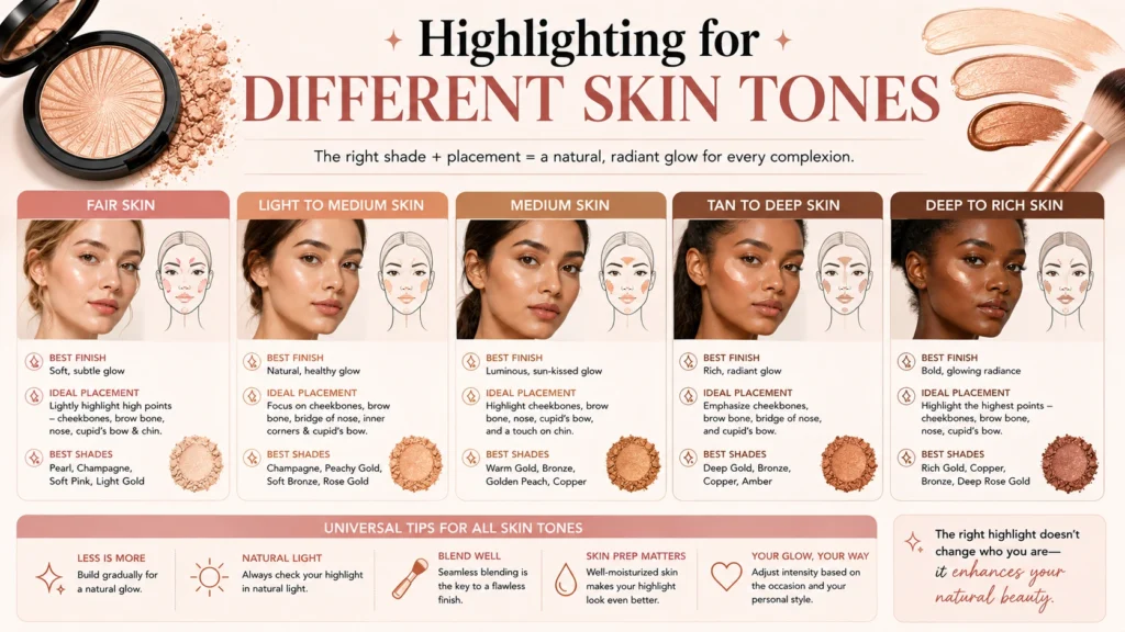 Highlighter shades and placement guide for different skin tones.