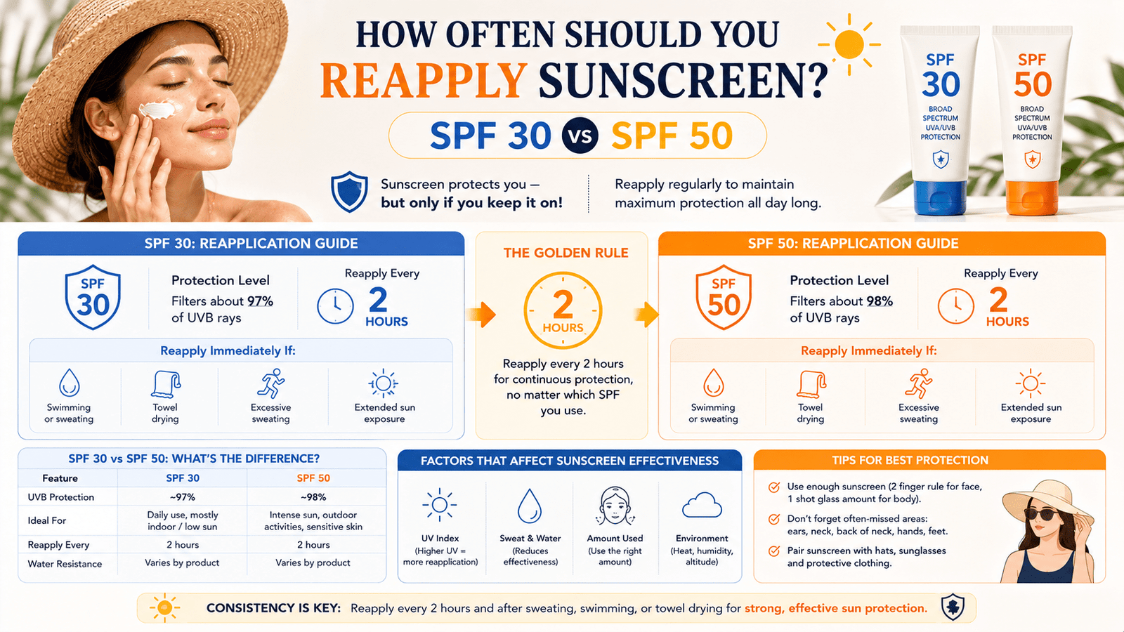 How Often Should You Reapply Sunscreen? (SPF 30 vs SPF 50)
