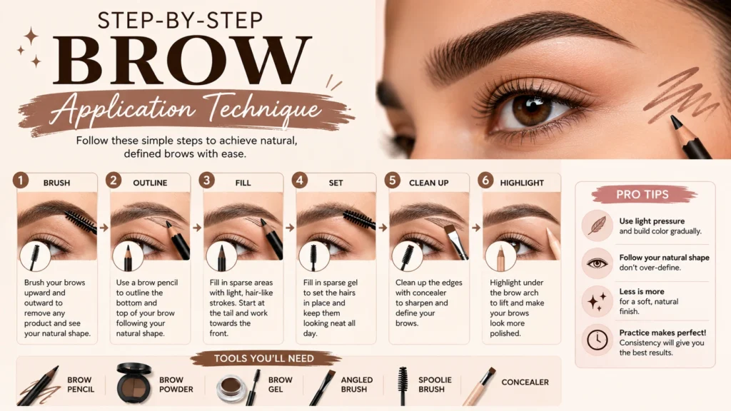 Step-by-step eyebrow application guide for natural-looking brows.