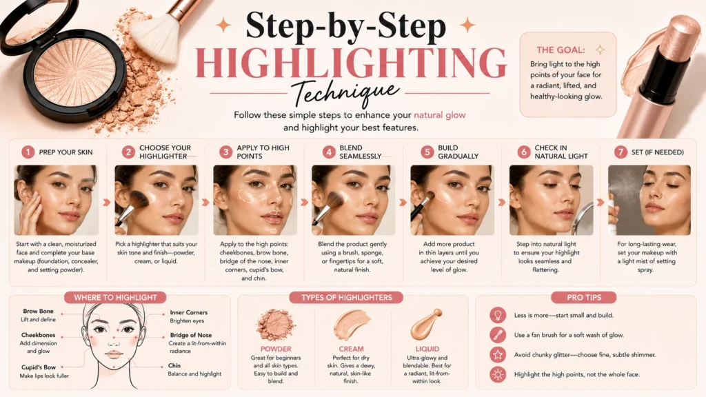 Step-by-step guide to applying highlighter for a natural glow.