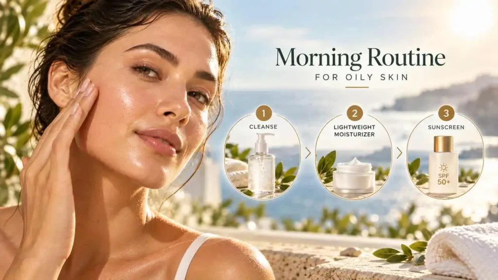 Morning skincare routine showing sunscreen as the final step before makeup