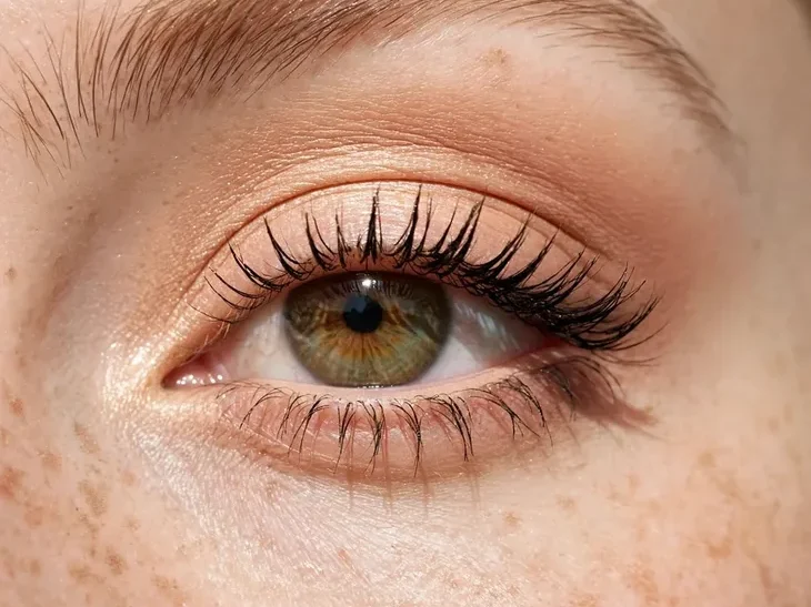 Close-up of eye with makeup making eyes look bigger, nude liner and mascara