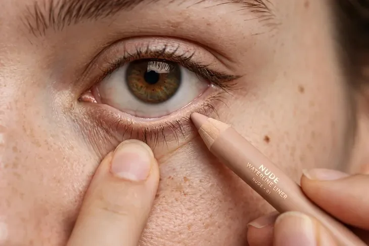 Applying nude eyeliner to lower waterline to make eyes look bigger