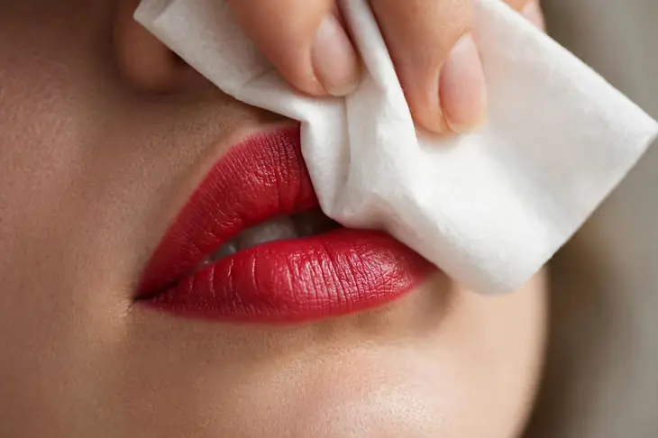 Blotting lipstick with tissue for longer wear