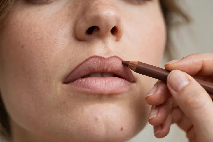 Applying lip liner precisely along the lip line to prevent bleeding