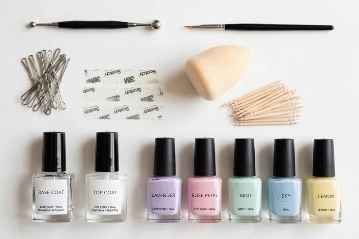 Basic nail art tools for beginners: dotting tool, bobby pins, tape, sponge and nail polish